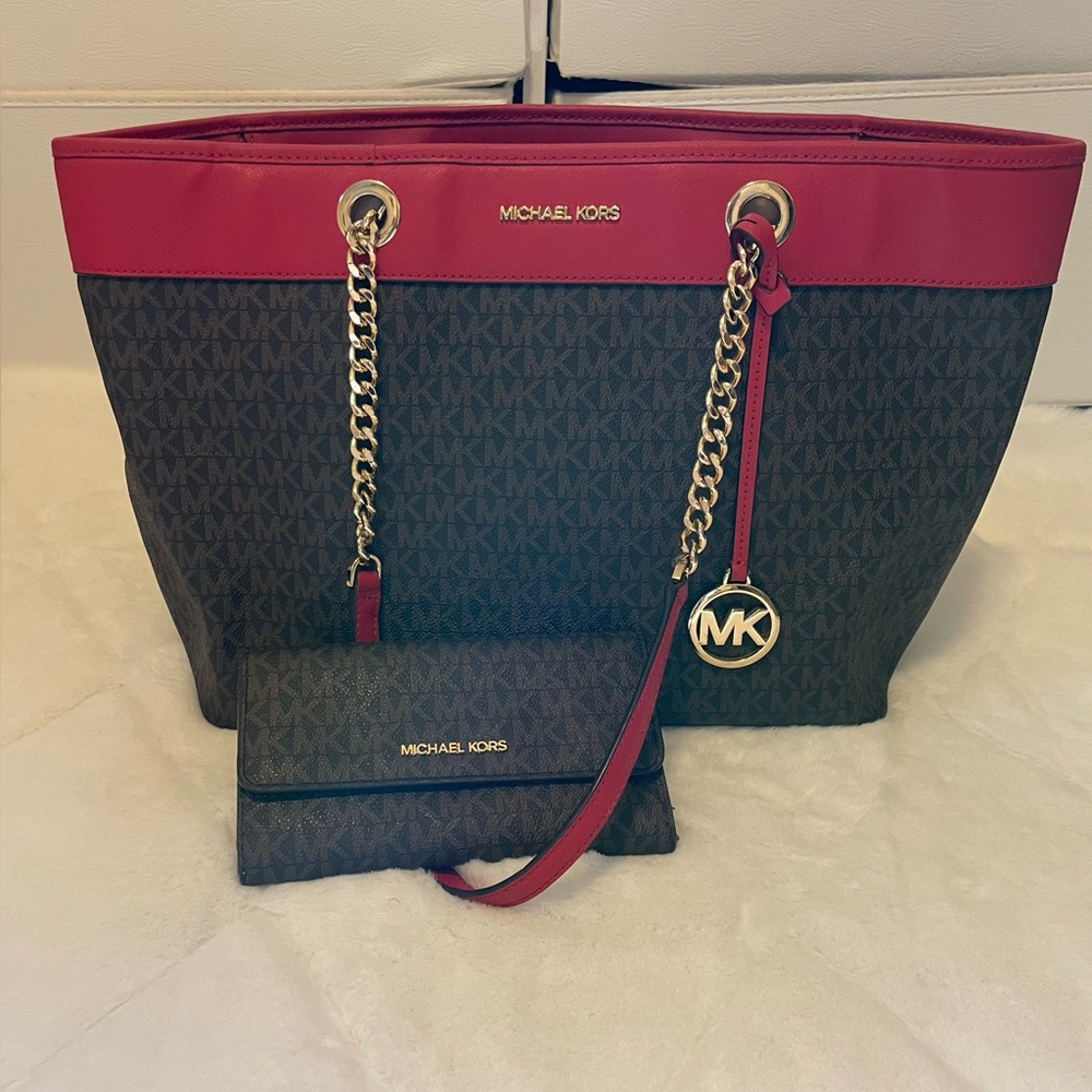 Michael Kors Red and Brown Signature Tote